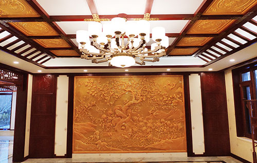 青原中式别墅客厅中式木作横梁吊顶装饰展示